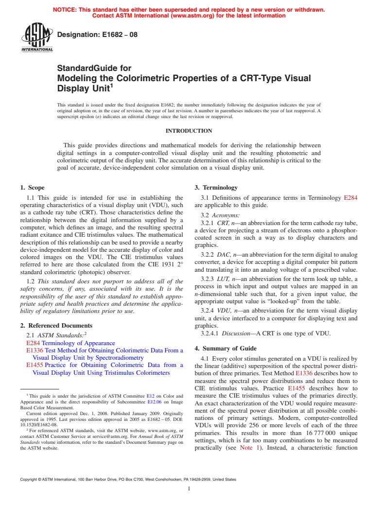 ASTM E1682-08 - Standard Guide for Modeling the Colorimetric Properties of a CRT-Type Visual Display Unit