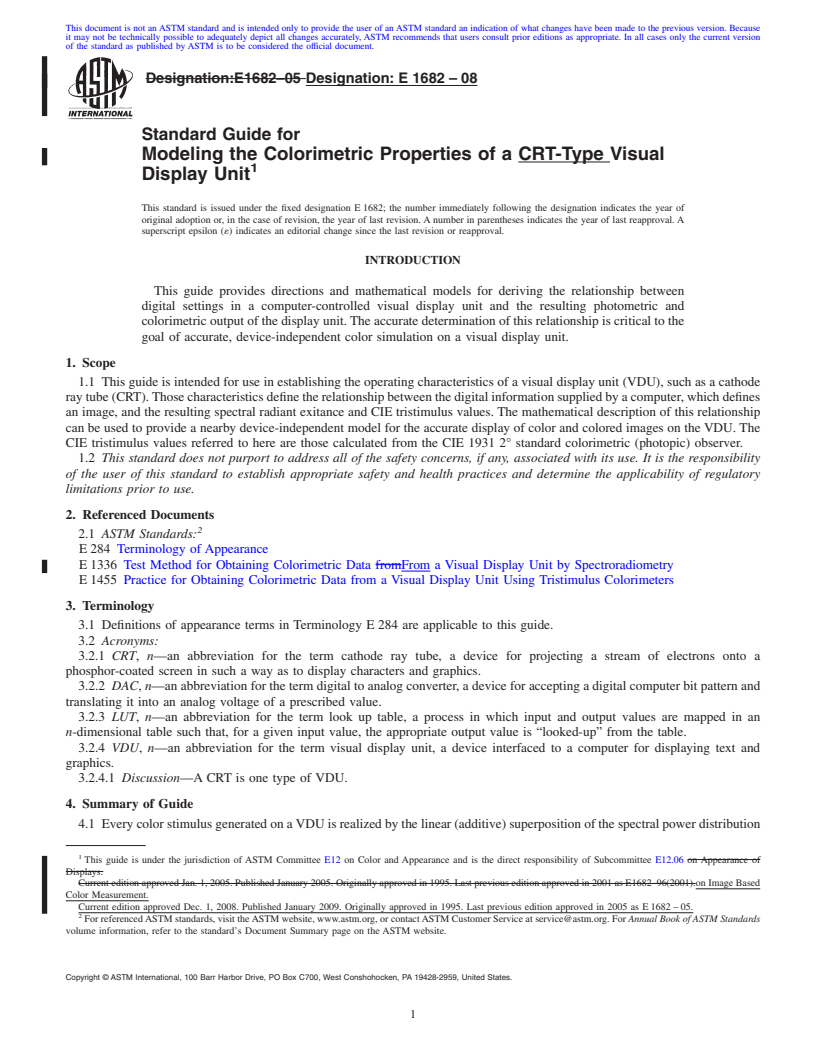 REDLINE ASTM E1682-08 - Standard Guide for Modeling the Colorimetric Properties of a CRT-Type Visual Display Unit