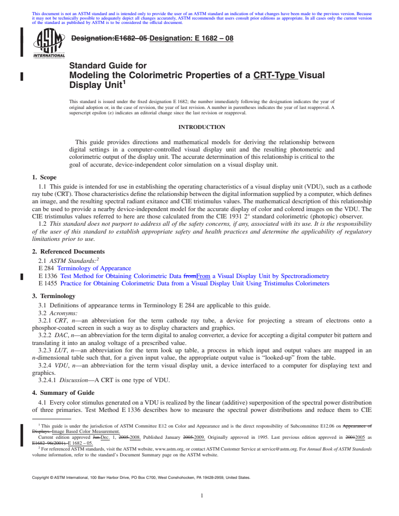 REDLINE ASTM E1682-08 - Standard Guide for Modeling the Colorimetric Properties of a CRT-Type Visual Display Unit