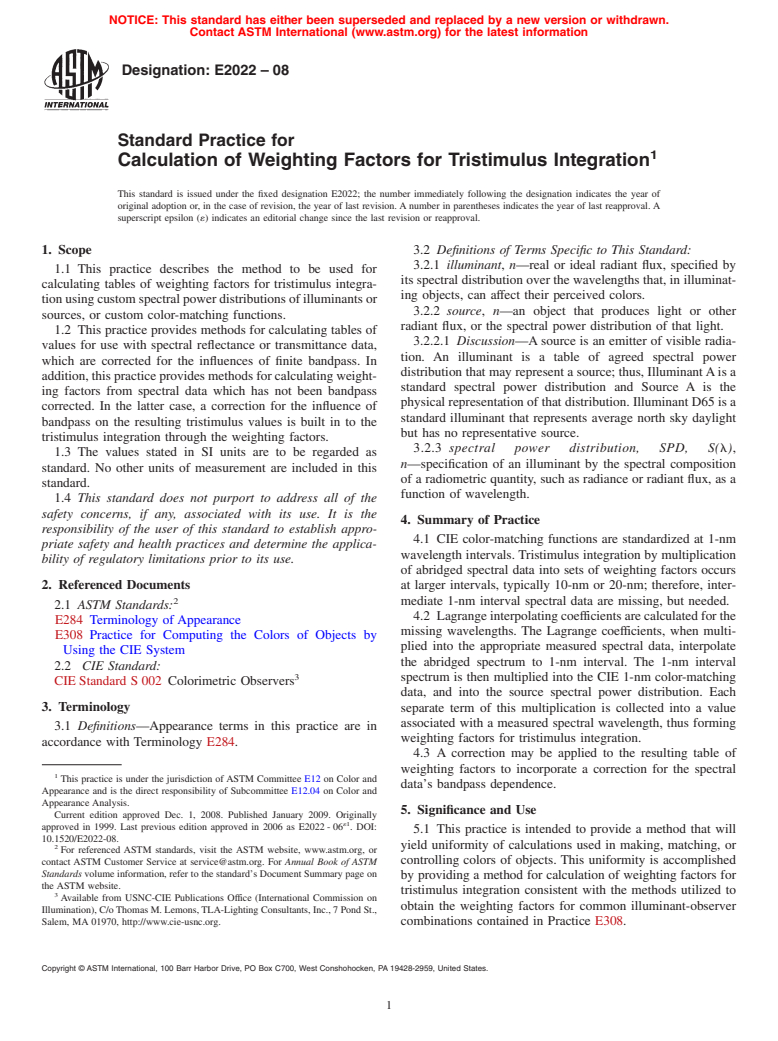 ASTM E2022-08 - Standard Practice for Calculation of Weighting Factors for Tristimulus Integration