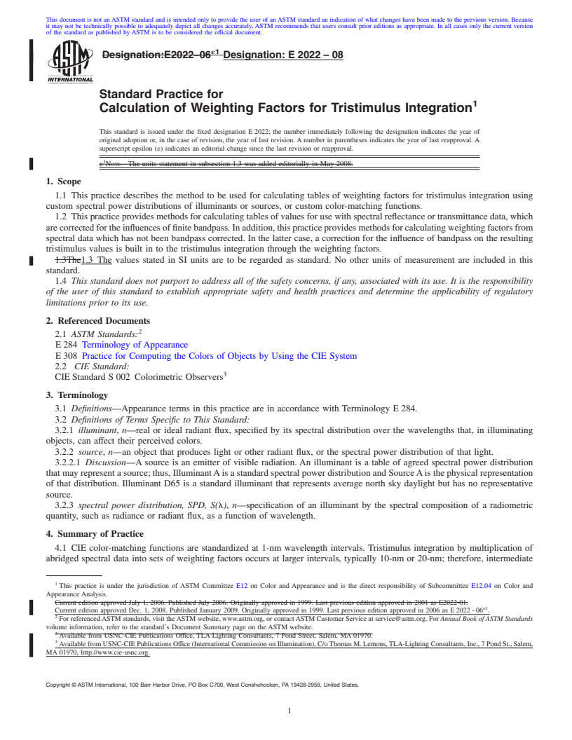 REDLINE ASTM E2022-08 - Standard Practice for Calculation of Weighting Factors for Tristimulus Integration