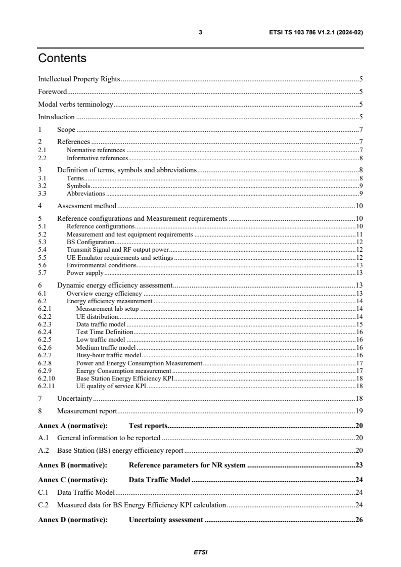 ETSI TS 103 786 V1.2.1 (2024-02) - Environmental Engineering (EE); Measurement method for energy efficiency of wireless access network equipment; Dynamic energy efficiency measurement method of 5G Base Station (BS)