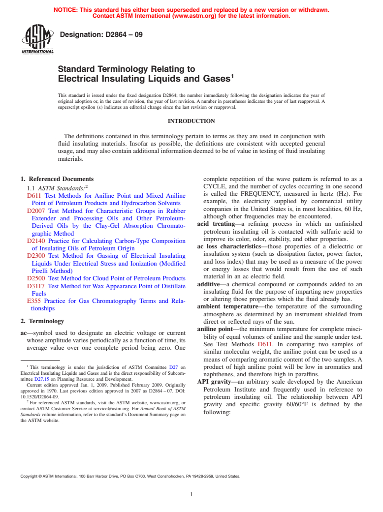 ASTM D2864-09 - Standard Terminology Relating to Electrical Insulating Liquids and Gases