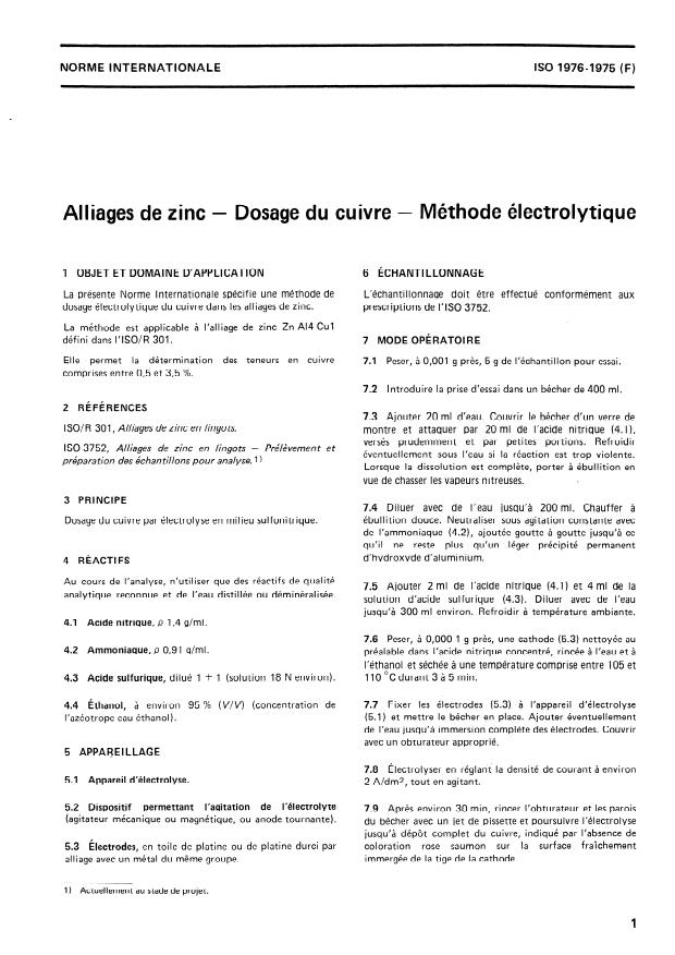 ISO 1976:1975 - Alliages de zinc -- Dosage du cuivre -- Méthode électrolytique