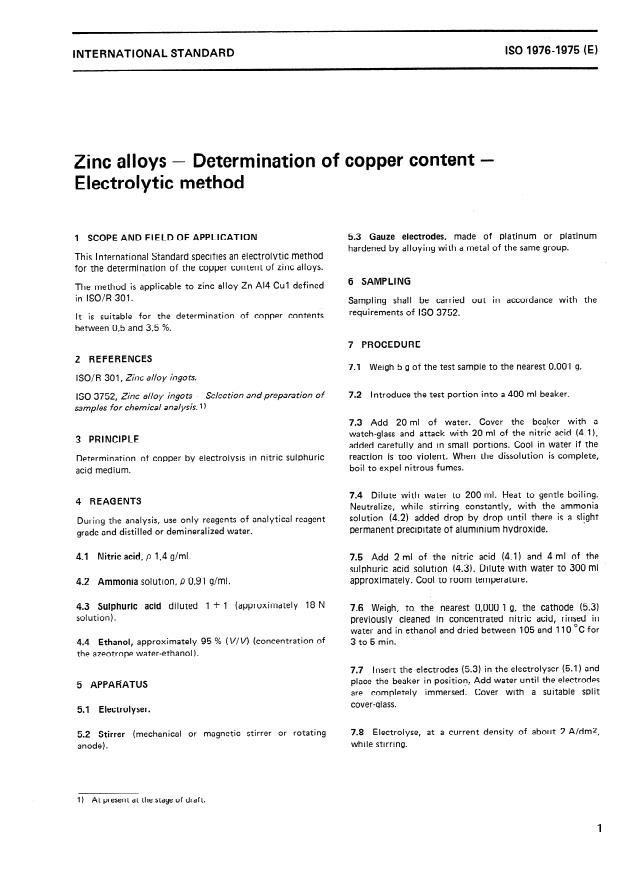 ISO 1976:1975 - Zinc alloys -- Determination of copper content -- Electrolytic method