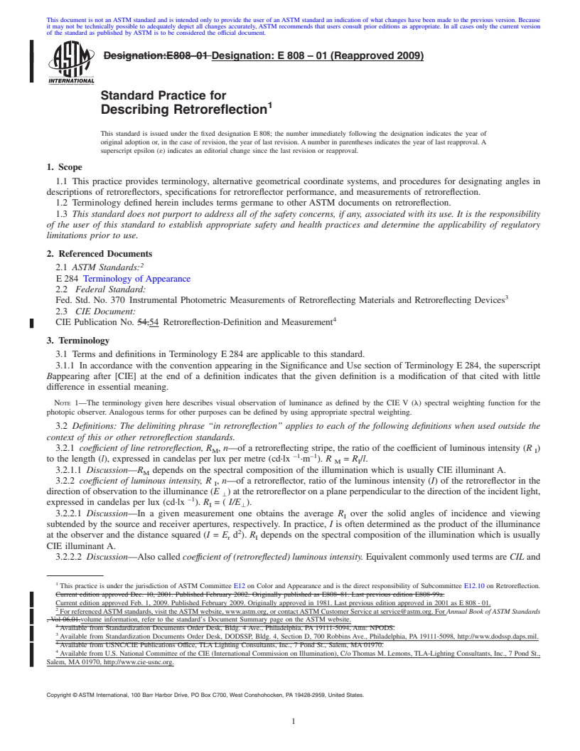 REDLINE ASTM E808-01(2009) - Standard Practice for Describing Retroreflection