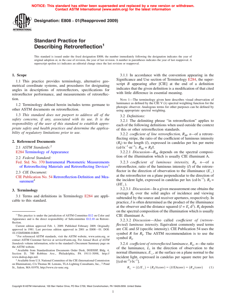 ASTM E808-01(2009) - Standard Practice for Describing Retroreflection