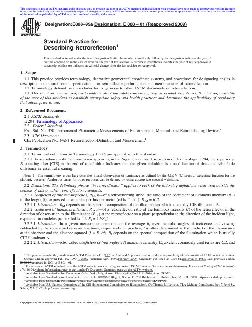 REDLINE ASTM E808-01(2009) - Standard Practice for Describing Retroreflection