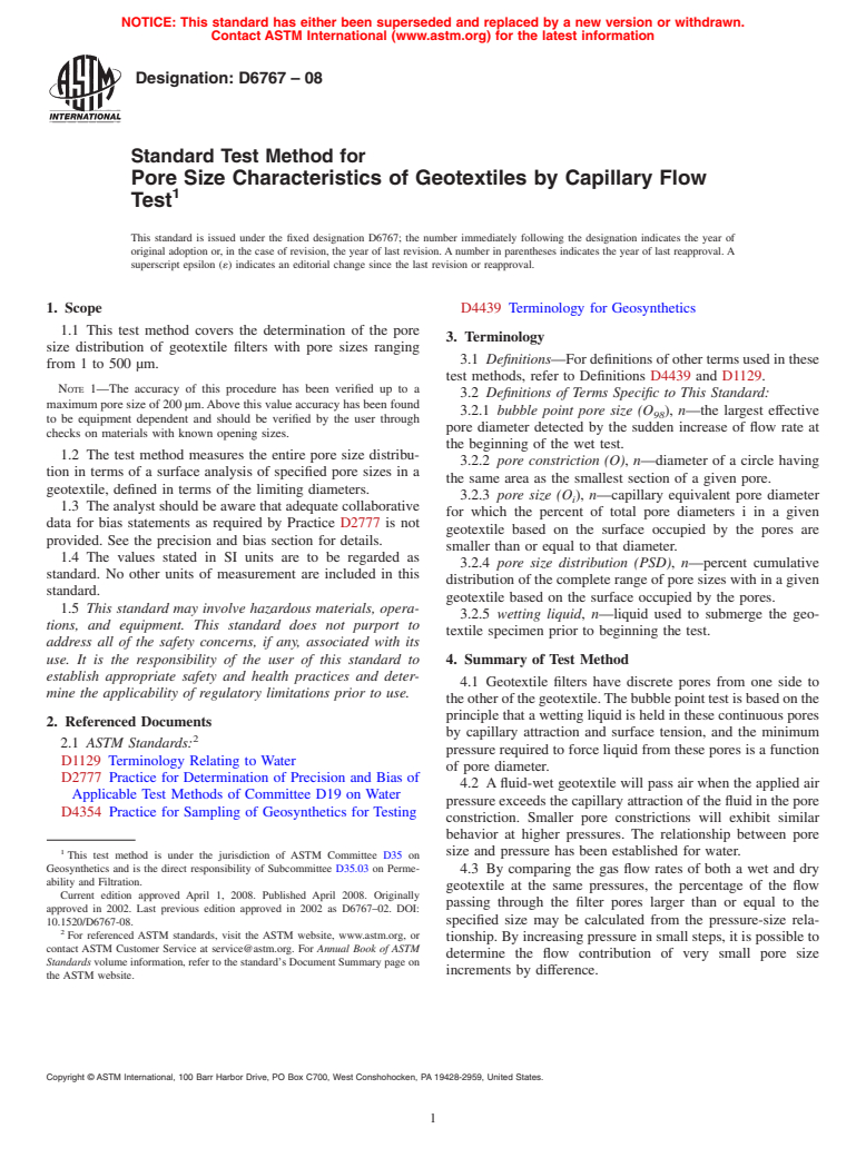 ASTM D6767-08 - Standard Test Method for Pore Size Characteristics of Geotextiles by Capillary Flow Test