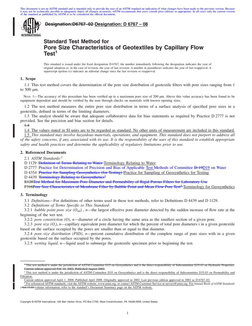 REDLINE ASTM D6767-08 - Standard Test Method for Pore Size Characteristics of Geotextiles by Capillary Flow Test