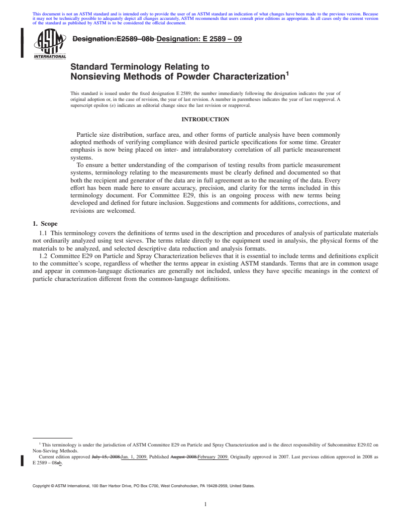 REDLINE ASTM E2589-09 - Standard Terminology Relating to Nonsieving Methods of Powder Characterization