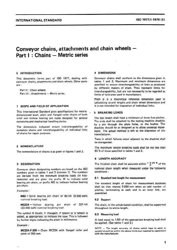 ISO 1977-1:1976 - Conveyor chains, attachments and chain wheels