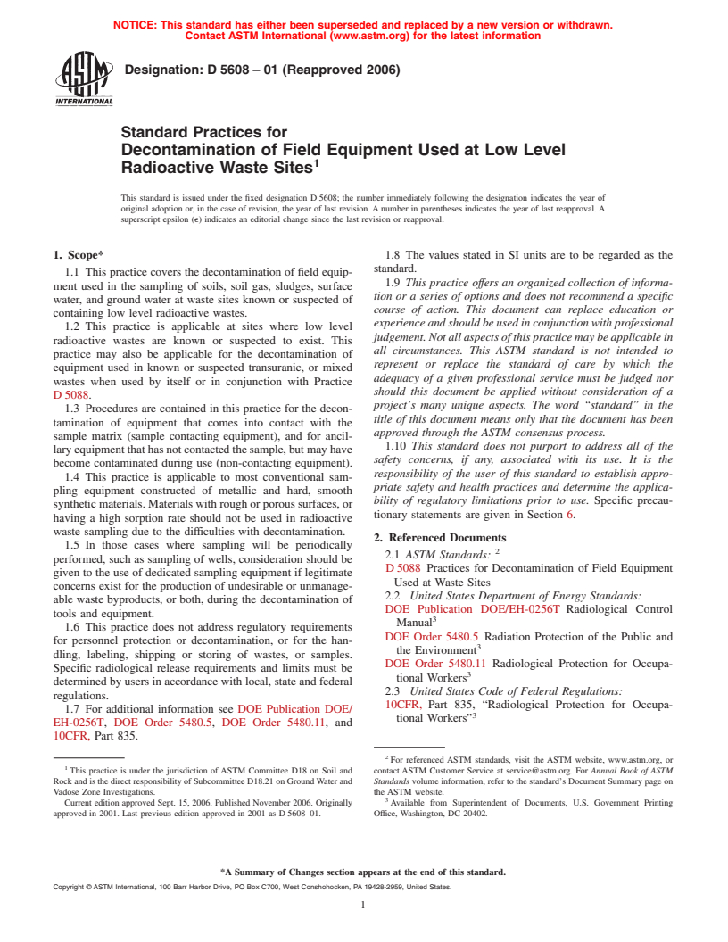 ASTM D5608-01 - Standard Practice for Decontamination of Field Equipment Used at Low Level Radioactive Waste Sites