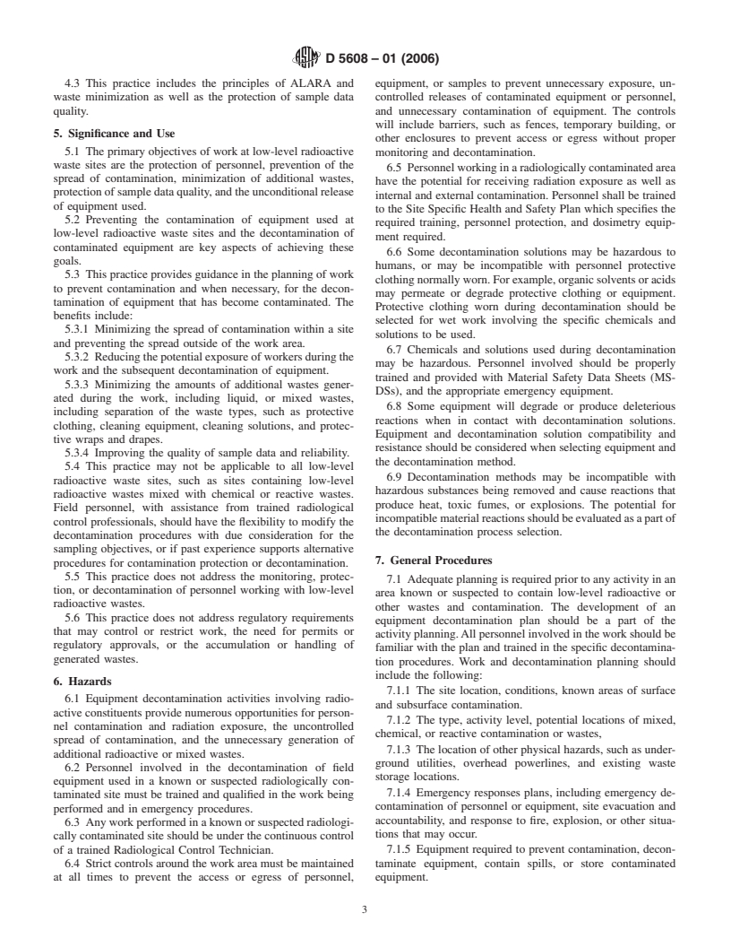 ASTM D5608-01 - Standard Practice for Decontamination of Field Equipment Used at Low Level Radioactive Waste Sites