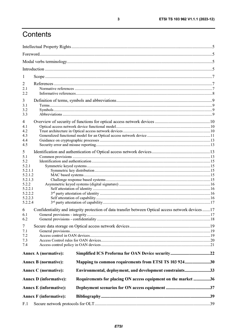 ETSI TS 103 962 V1.1.1 (2023-12) - CYBER; Optical Network and Device Security; Security provisions in Optical Access Network Devices