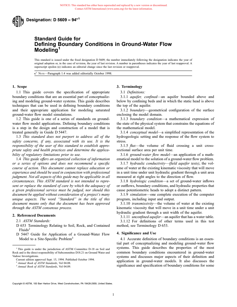 ASTM D5609-94e1 - Standard Guide for Defining Boundary Conditions in Ground-Water Flow Modeling