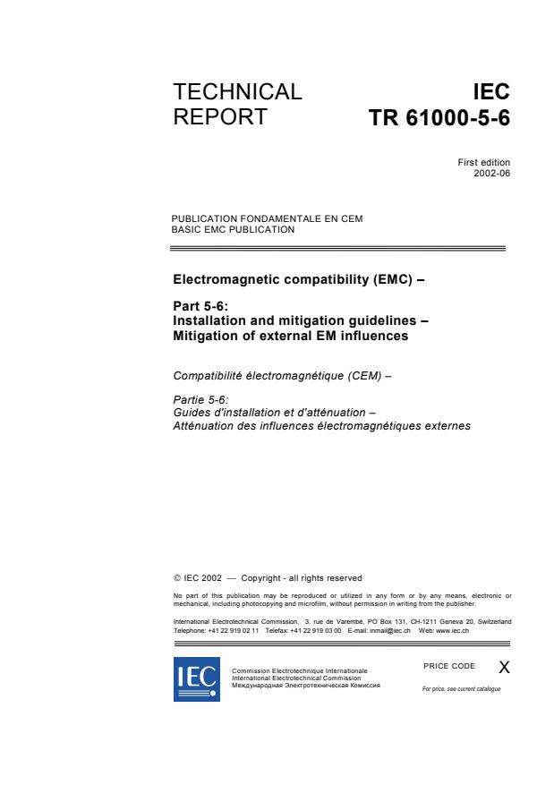 IEC TR 61000-5-6:2002 - Electromagnetic compatibility (EMC) - Part 5-6: Installation and mitigation guidelines - Mitigation of external EM influences