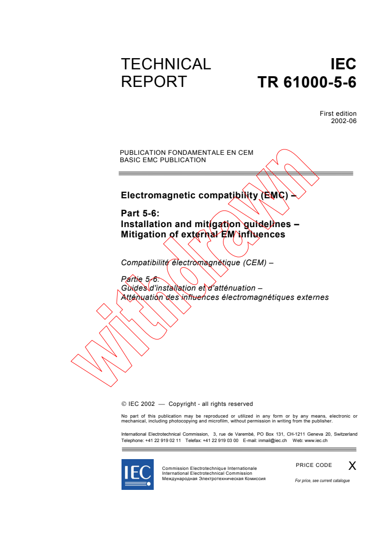 IEC TR 61000-5-6:2002 - Electromagnetic compatibility (EMC) - Part 5-6: Installation and mitigation guidelines - Mitigation of external EM influences
Released:6/5/2002
Isbn:2831864127