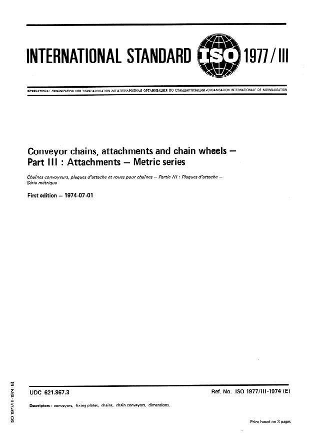 ISO 1977-3:1974 - Conveyor chains, attachments and chain wheels