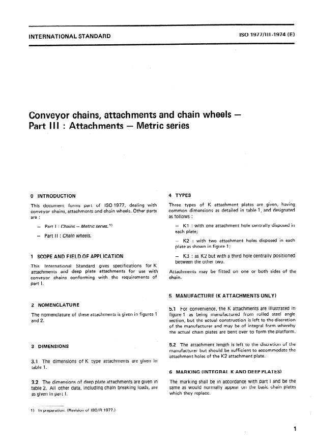 ISO 1977-3:1974 - Conveyor chains, attachments and chain wheels