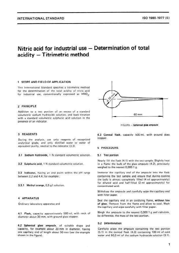 ISO 1980:1977 - Nitric acid for industrial use -- Determination of total acidity -- Titrimetric method