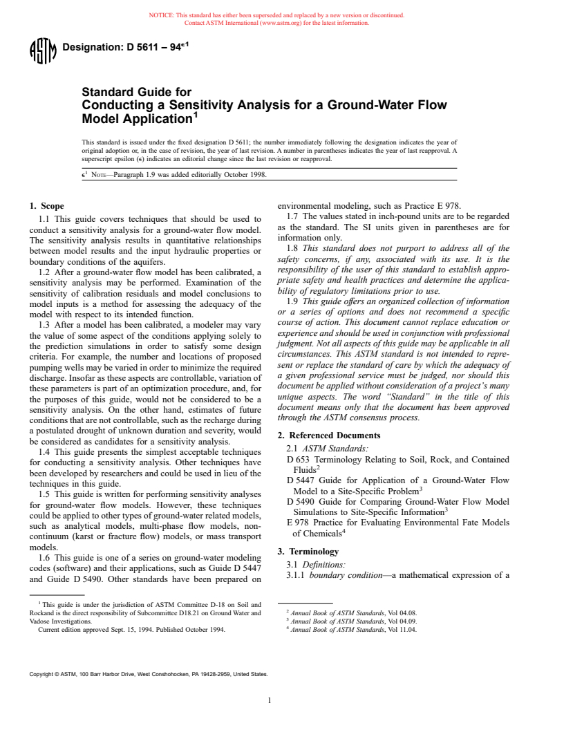 ASTM D5611-94e1 - Standard Guide for Conducting a Sensitivity Analysis for a Ground-Water Flow Model Application