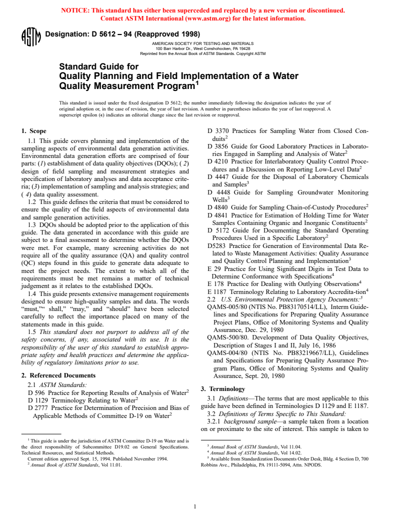 ASTM D5612-94(1998) - Standard Guide for Quality Planning and Field Implementation of a Water Quality Measurement Program