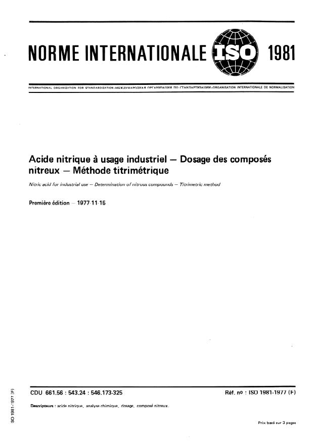 ISO 1981:1977 - Acide nitrique a usage industriel -- Dosage des composés nitreux -- Méthode titrimétrique