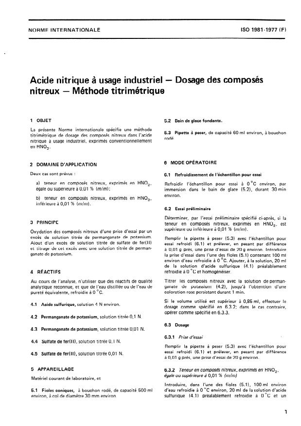 ISO 1981:1977 - Acide nitrique a usage industriel -- Dosage des composés nitreux -- Méthode titrimétrique