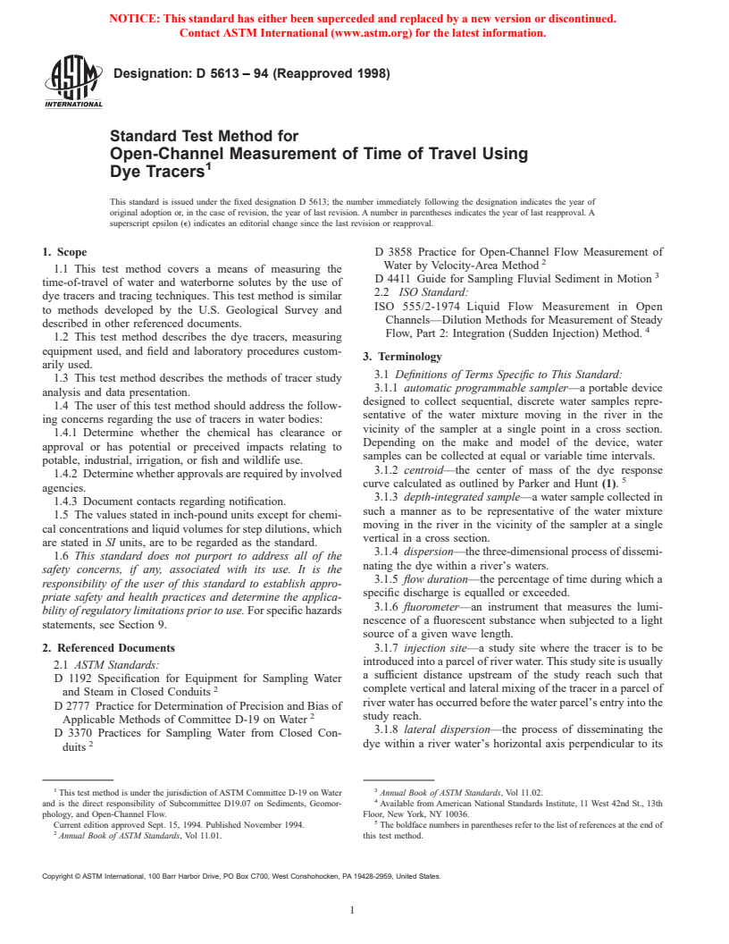 ASTM D5613-94(1998) - Standard Test Method for Open-Channel Measurement of Time of Travel Using Dye Tracers