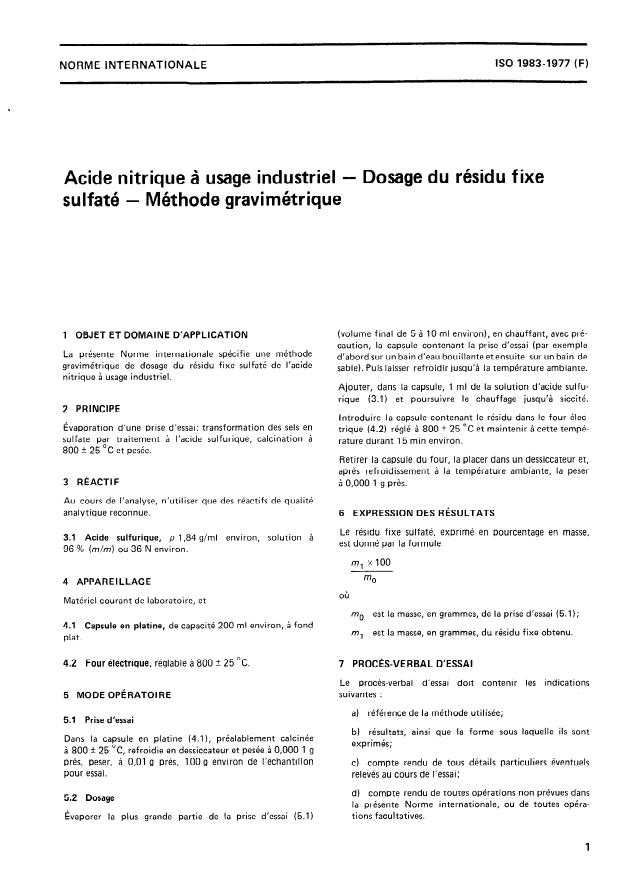 ISO 1983:1977 - Acide nitrique a usage industriel -- Dosage du résidu fixe sulfaté -- Méthode gravimétrique