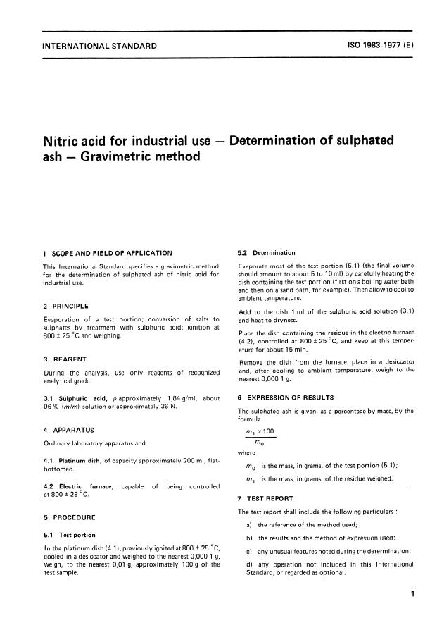 ISO 1983:1977 - Nitric acid for industrial use -- Determination of sulphated ash -- Gravimetric method