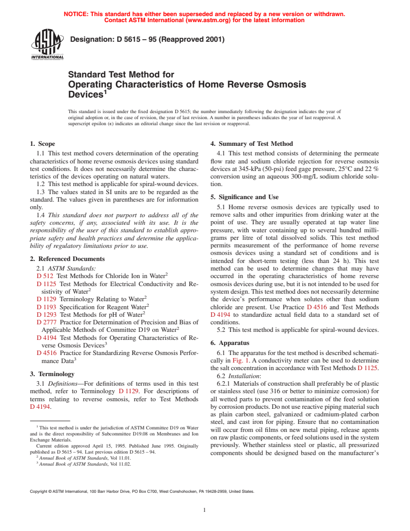 ASTM D5615-95(2001) - Standard Test Method for Operating Characteristics of Home Reverse Osmosis Devices