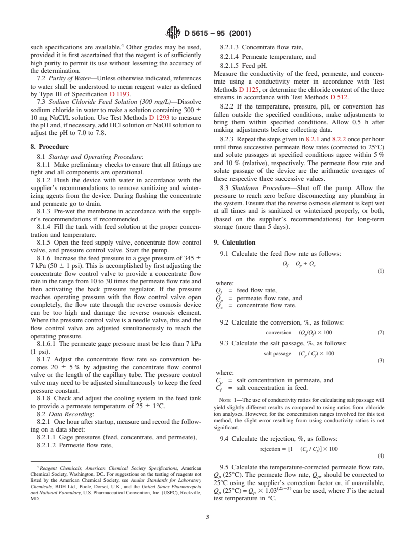 ASTM D5615-95(2001) - Standard Test Method for Operating Characteristics of Home Reverse Osmosis Devices