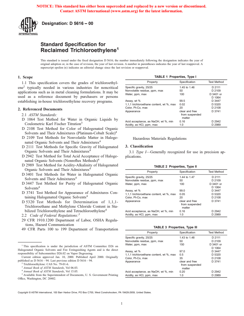 ASTM D5616-00 - Standard Specification for Reclaimed Trichloroethylene