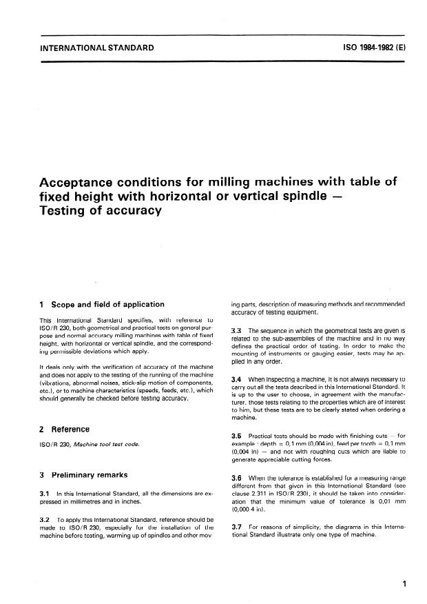 ISO 1984:1982 - Acceptance conditions for milling machines with table of fixed height with horizontal or vertical spindle -- Testing of accuracy