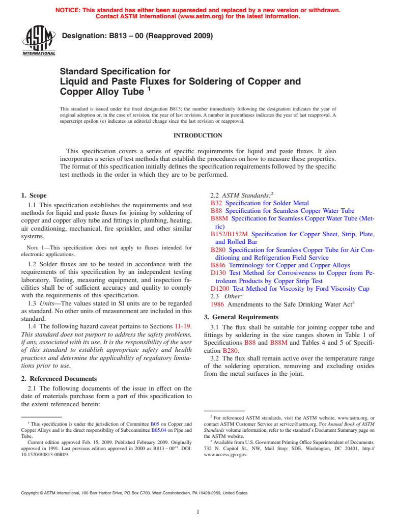 ASTM B813-00(2009) - Standard Specification for Liquid and Paste Fluxes for Soldering of Copper and Copper Alloy Tube