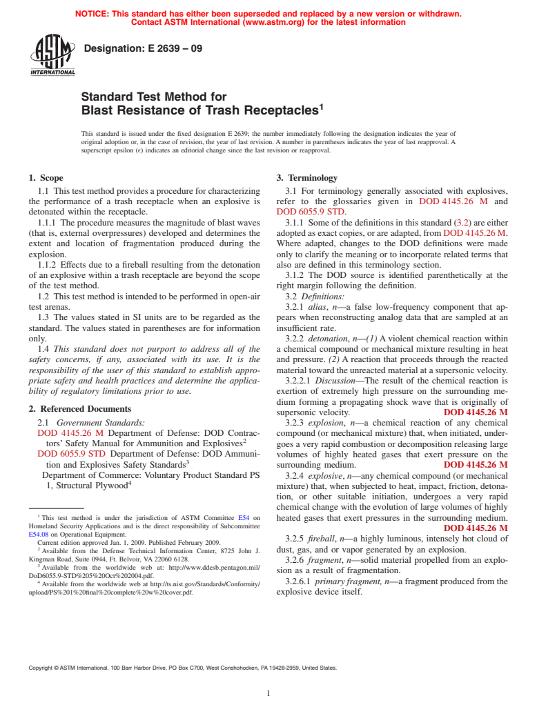 ASTM E2639-09 - Standard Test Method for Blast Resistance of Trash Receptacles