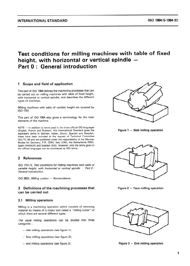 ISO 1984-0:1984 - Test conditions for milling machines with table of fixed height, with horizontal or vertical spindle
