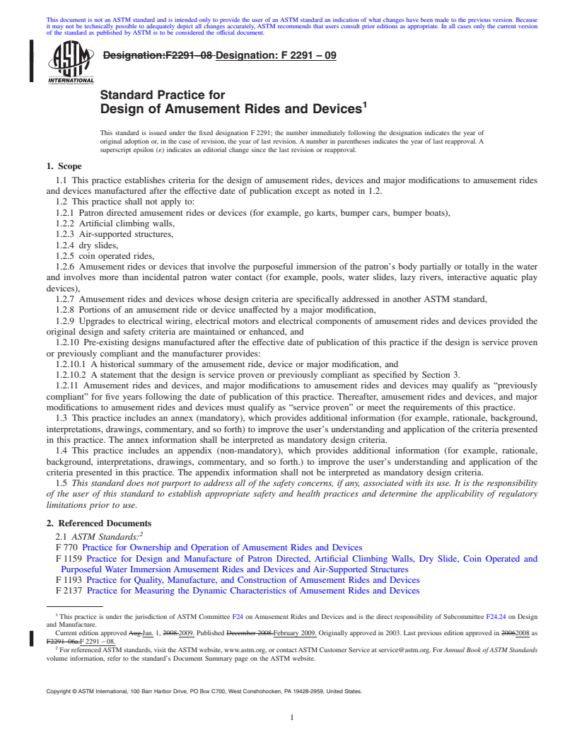 REDLINE ASTM F2291-09 - Standard Practice for Design of Amusement Rides and Devices