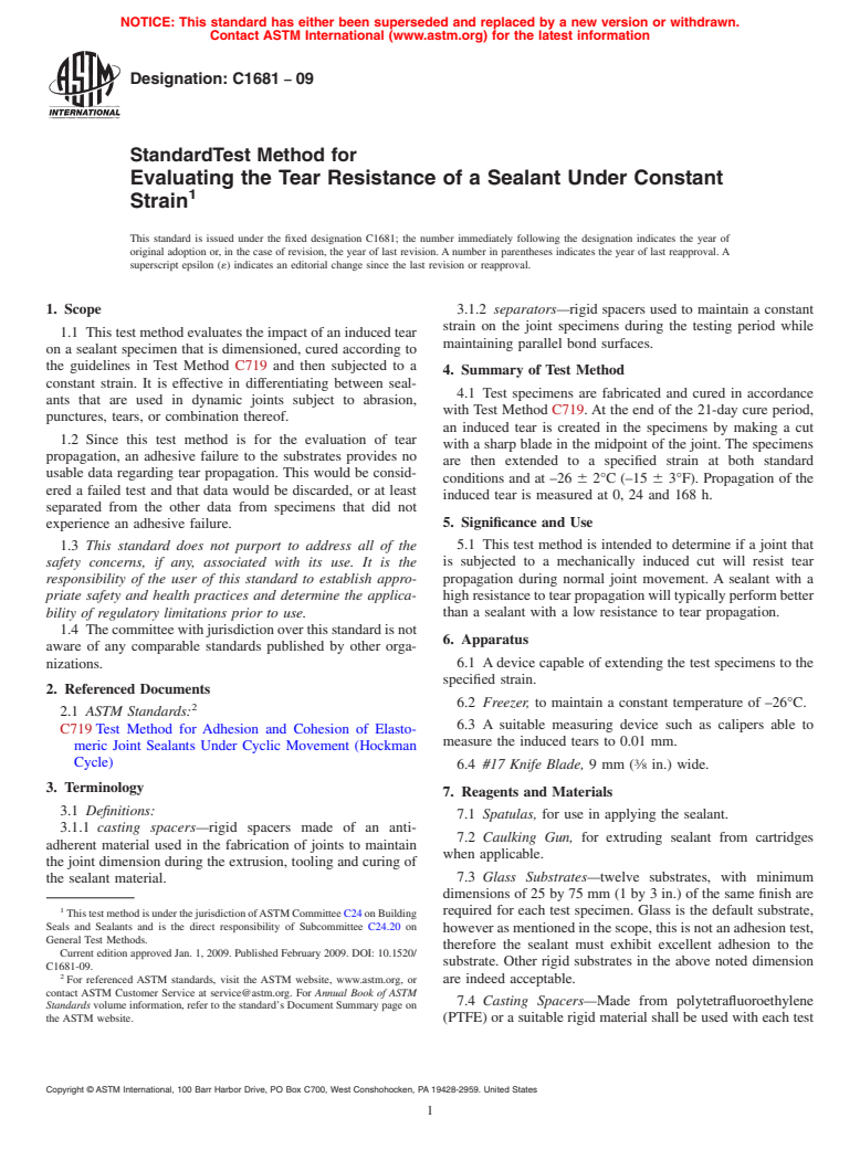 ASTM C1681-09 - Standard Test Method for Evaluating the Tear Resistance of a Sealant Under Constant Strain