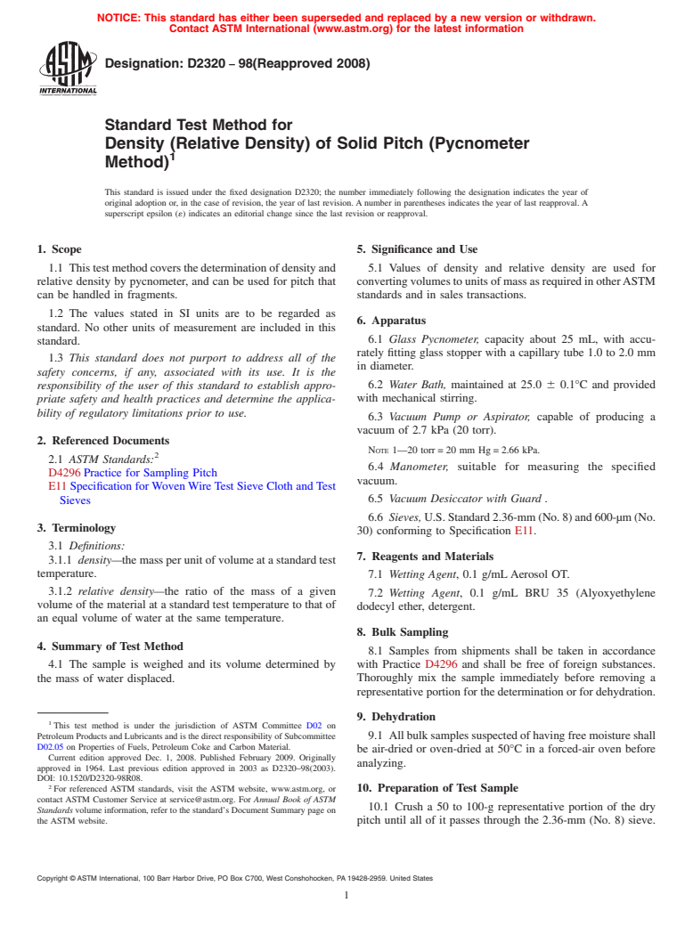 ASTM D2320-98(2008) - Standard Test Method for Density (Relative Density) of Solid Pitch (Pycnometer Method)