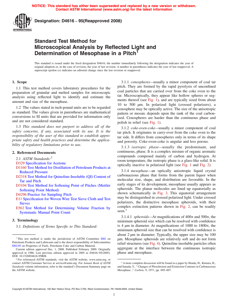 ASTM D4616-95(2008) - Standard Test Method for Microscopical Analysis by Reflected Light and Determination of Mesophase in a Pitch