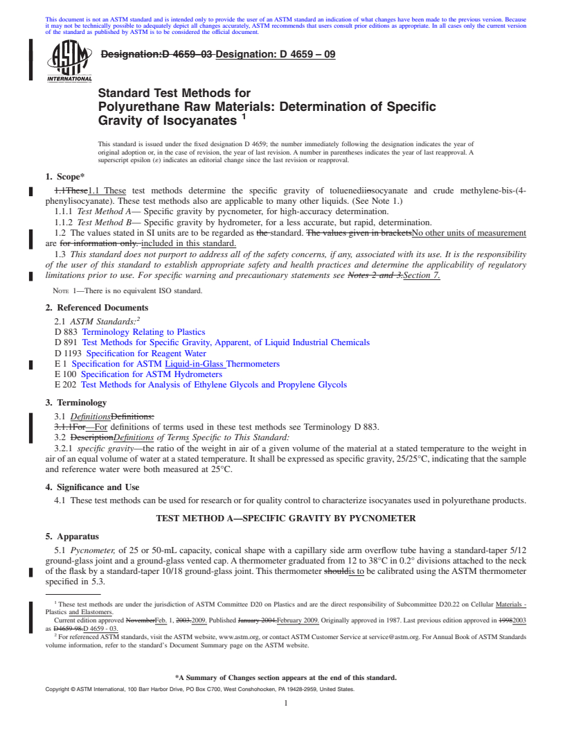 REDLINE ASTM D4659-09 - Standard Test Methods for Polyurethane Raw Materials: Determination of Specific Gravity of Isocyanates