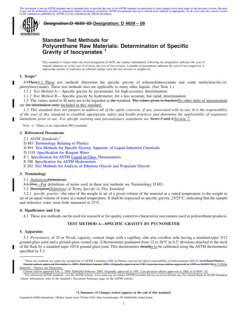 REDLINE ASTM D4659-09 - Standard Test Methods for Polyurethane Raw Materials: Determination of Specific Gravity of Isocyanates