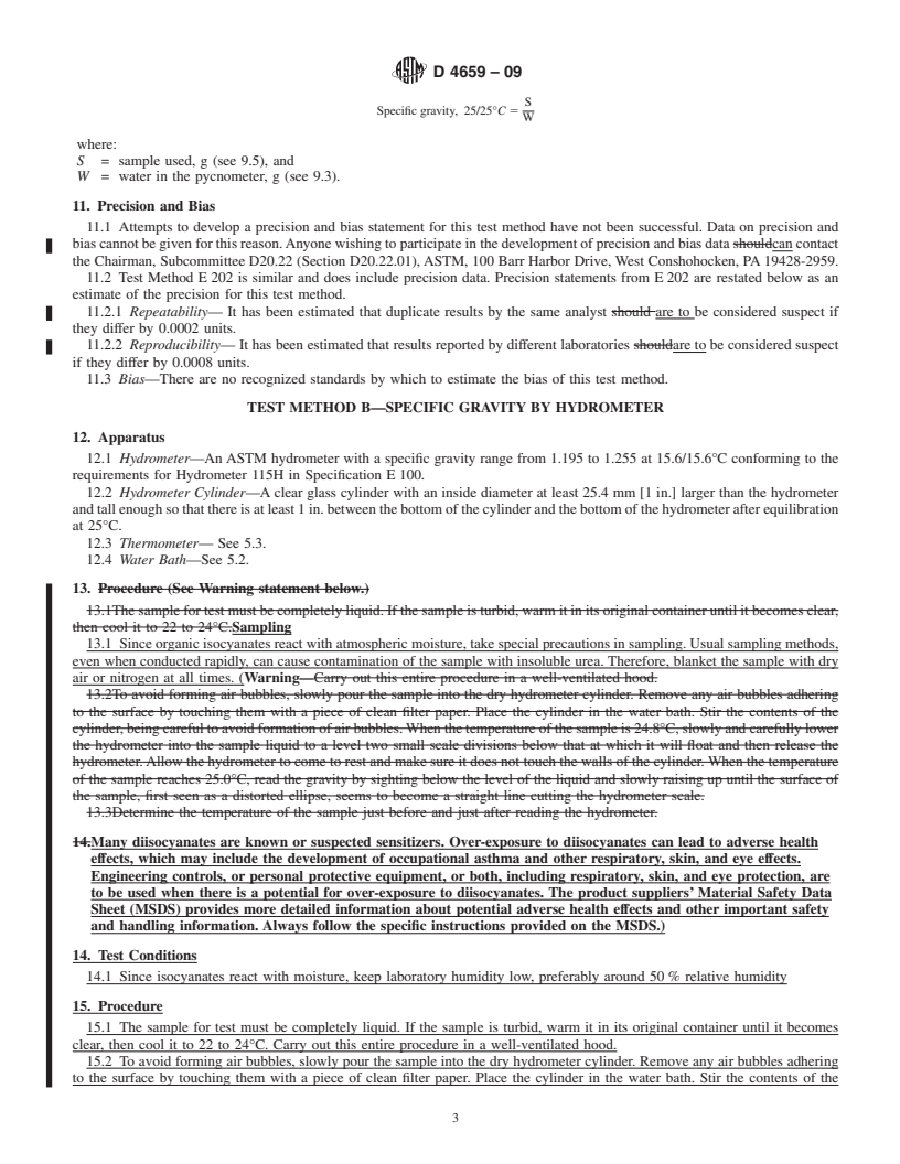 REDLINE ASTM D4659-09 - Standard Test Methods for Polyurethane Raw Materials: Determination of Specific Gravity of Isocyanates