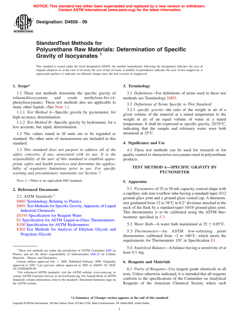 ASTM D4659-09 - Standard Test Methods for Polyurethane Raw Materials: Determination of Specific Gravity of Isocyanates