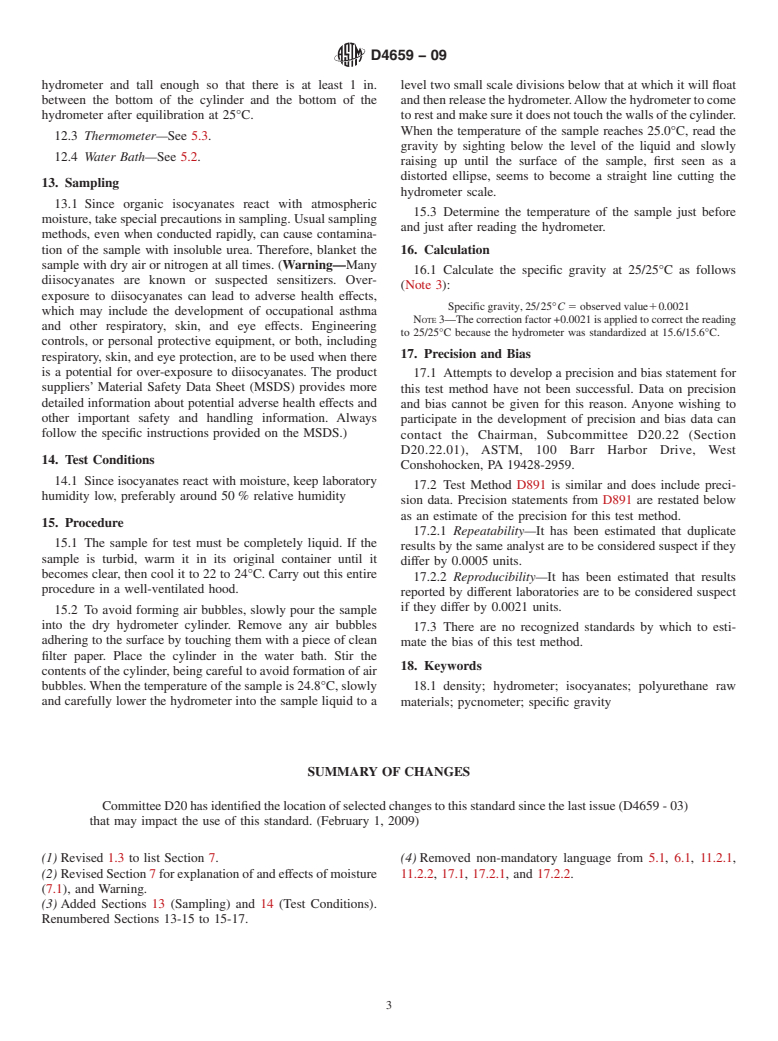 ASTM D4659-09 - Standard Test Methods for Polyurethane Raw Materials: Determination of Specific Gravity of Isocyanates