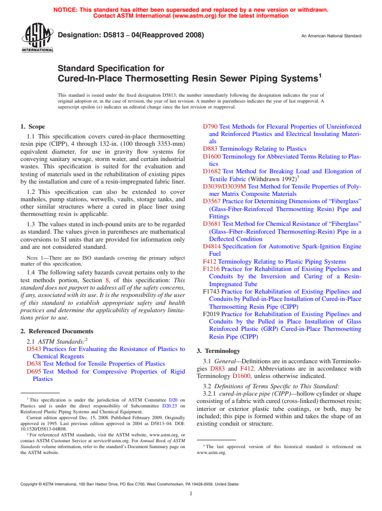 ASTM D5813-04(2008) - Standard Specification for Cured-In-Place Thermosetting Resin Sewer Piping Systems