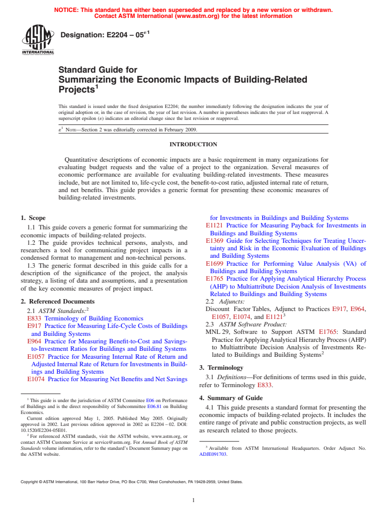 ASTM E2204-05e1 - Standard Guide for Summarizing the Economic Impacts of Building-Related Projects